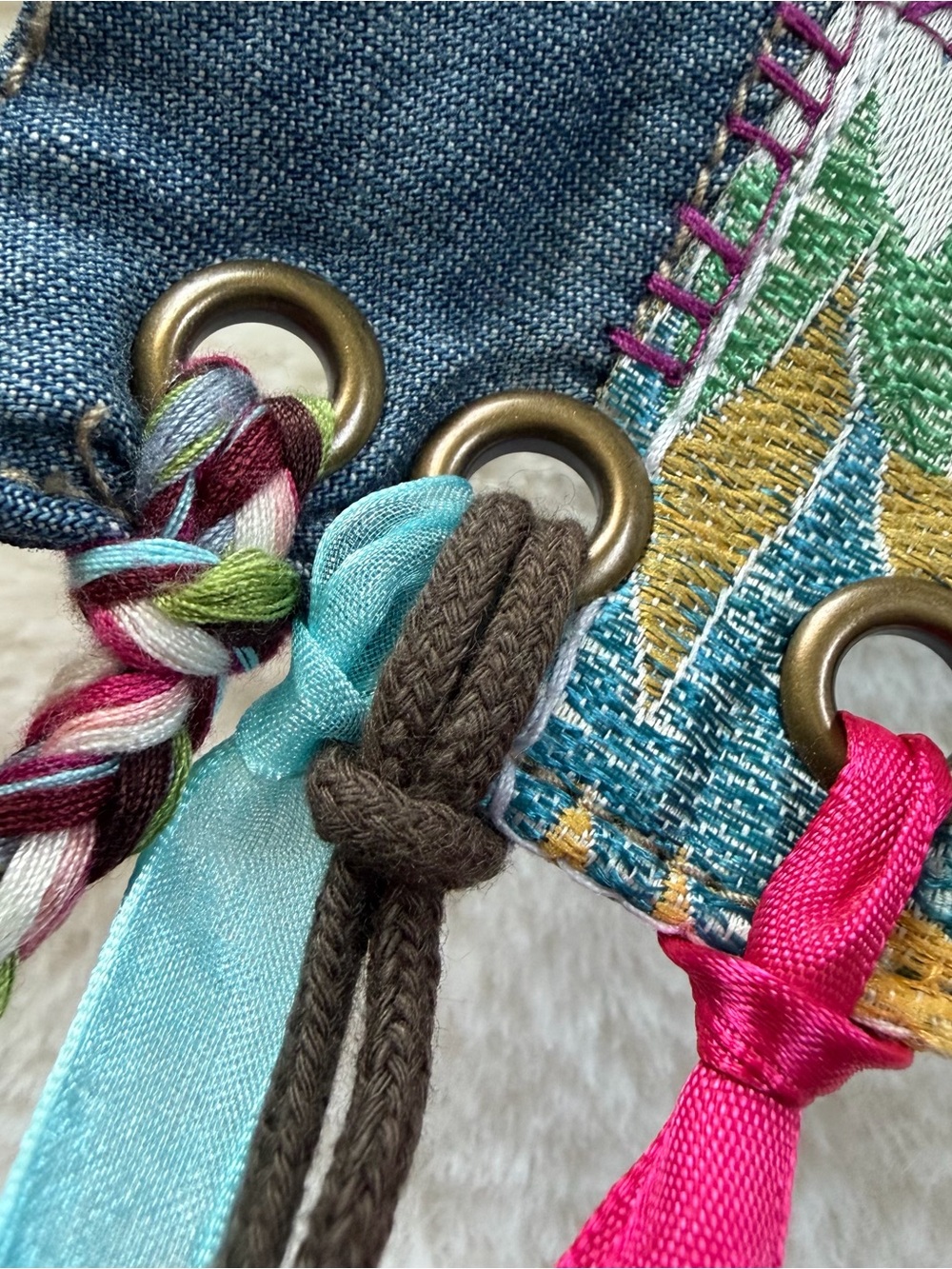 Handmade Boho Patchwork Denim Belt Art Ribbon Lace Up Festival OOAK - Picture 15 of 15